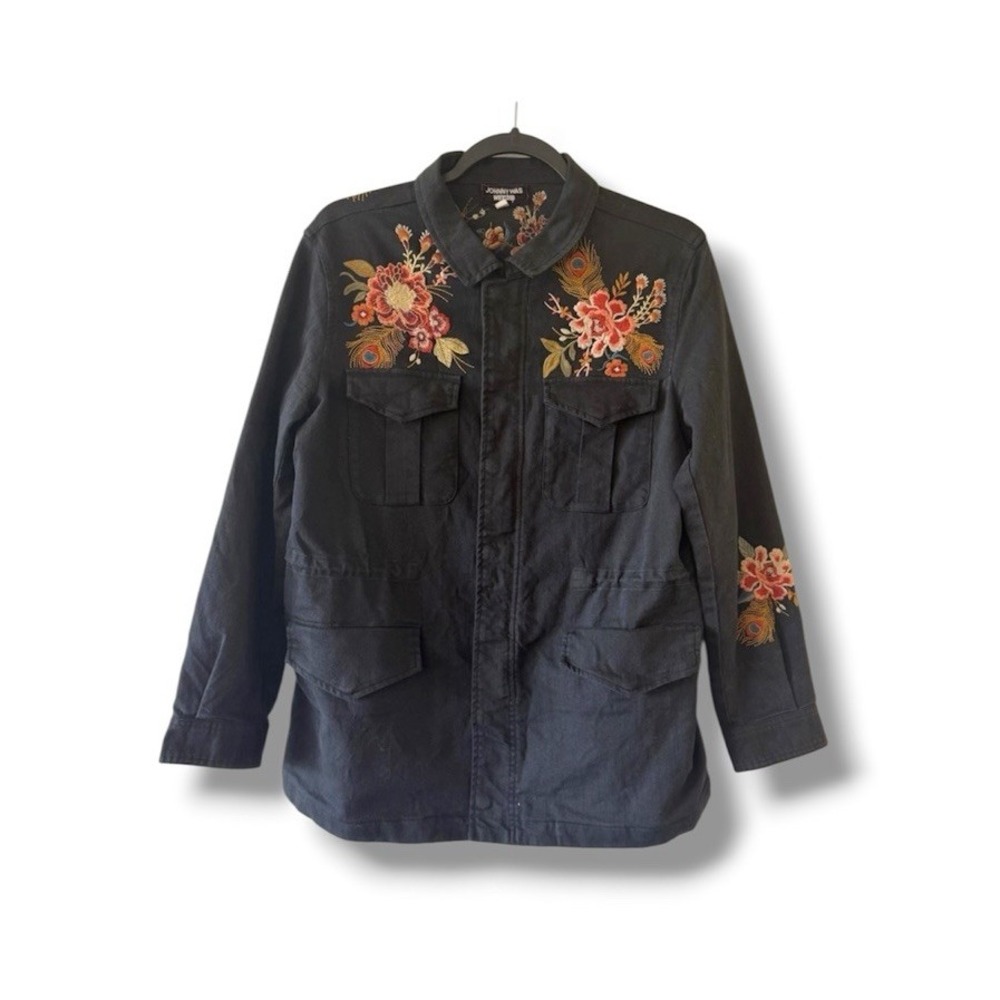 Johnny Was Workshop Floral Embroidered Black Denim Military Jacket Floral Boho S